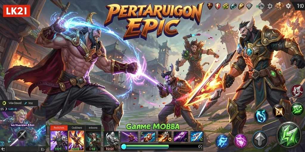 Screenshot utama LK21 menampilkan aksi pertempuran seru dalam game MOBA.
