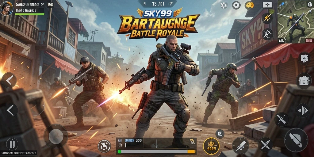 Screenshot utama SKY99 menampilkan serunya gameplay Battle Royale.
