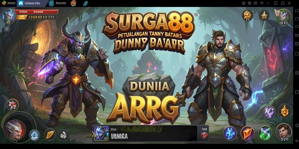 Tangkapan layar menunjukkan aksi epik dalam SURGA88 dengan karakter utama menghadapi monster besar.