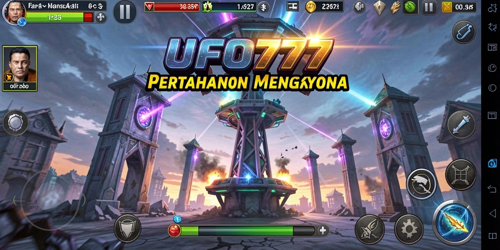 Tangkapan layar gameplay UFO777 menampilkan menara pertahanan melawan serangan alien.