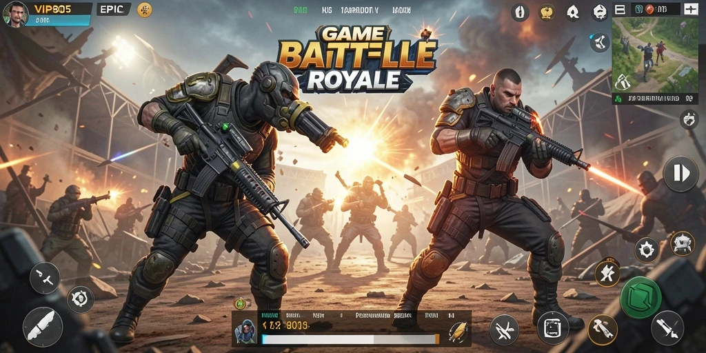 Screenshot gameplay VIP805 dengan aksi Battle Royale yang intens.